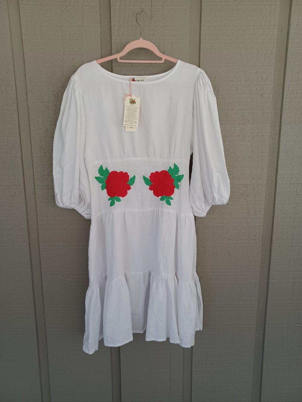 Fanm Mon Salda Linen Dress Size M Boho Floral Embroidery Balloon Sleeve Pockets